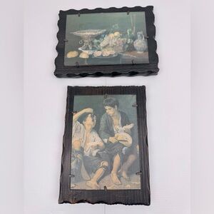 VTG Lot Of 2 LOBECO ART of SPAIN Handcrafted  WALL DECOR Dark WOOD Art Deco Folk